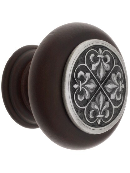 1 1/2 inch Diameter Fleur Dis Lis Knob in Dark Walnut/Antique Pewter.
